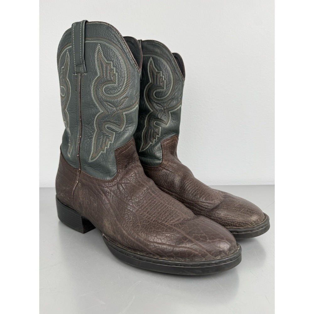 Double H Bison Leather Cowboy Boots Mens 12 Brown Green Round Western USA ICE